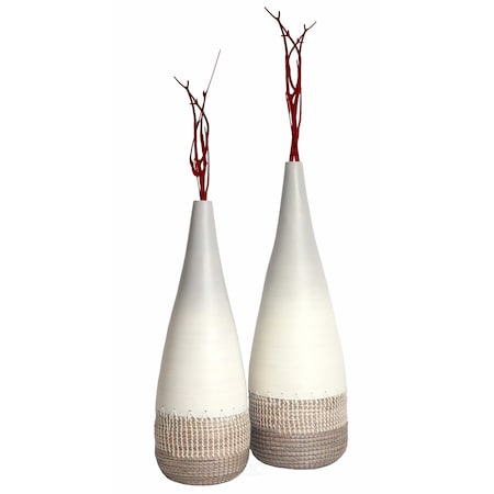 Uniquewise Spun Bamboo and Coiled Seagrass Patterned Vase, White, PK 2 QI003357W.2